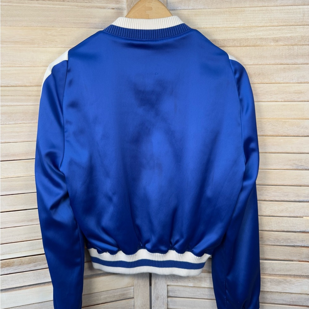 Maje Blue and White Satin Bomber Jacket with Cactus appliqué - Picture 2 of 12